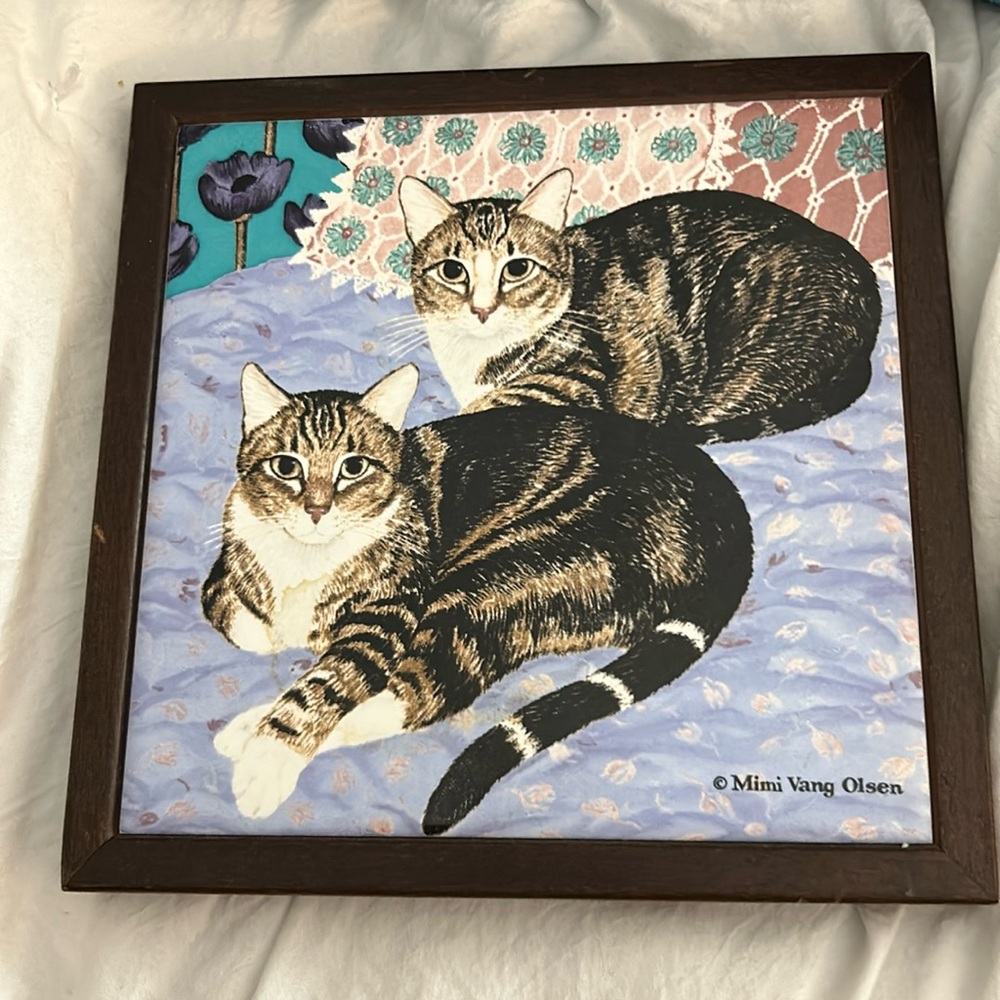 Vintage Avon Mimi Vang Olsen Cat Ceramic Wood Trivet Wall Hanging